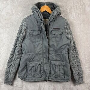 VTG Triple Five Soul Women XL Gray Utility Jacket Knit Sleeves Hooded Cargo Y2K